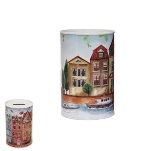 Mealheiro  434509-27 casas 8x12,5cm lata sort.